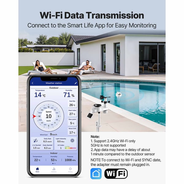 Vejrstation, 7-i-1 Wi-Fi vejrstation, 19x7,5 cm, solcelledrevet