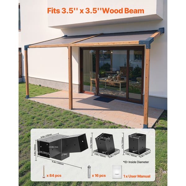 Pergola-kit, 3-vägs snedställda beslag för 92x92 mm träbalkar, svart, stål
