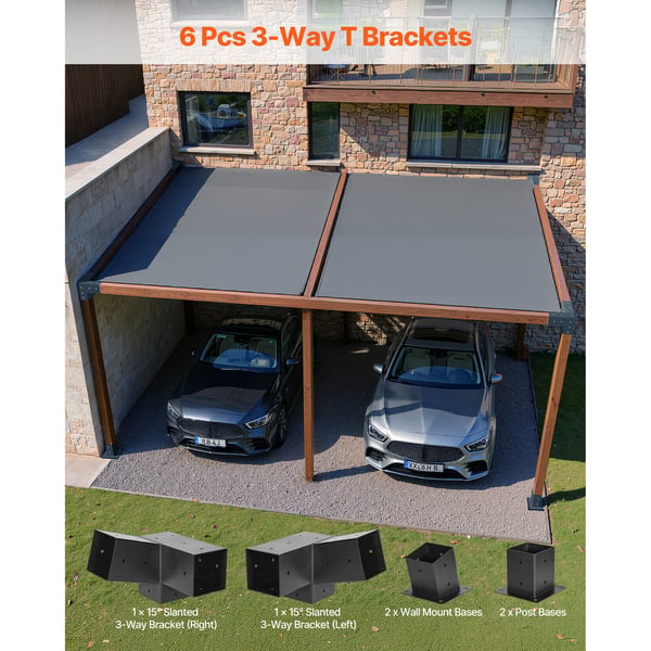 Pergola-kit, 3-vägs snedställda beslag för 92x92 mm träbalkar, svart, stål