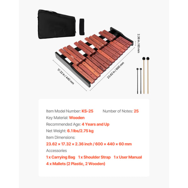 Glockenspiel xylofon, 25 toner, brun, træslaginstrument
