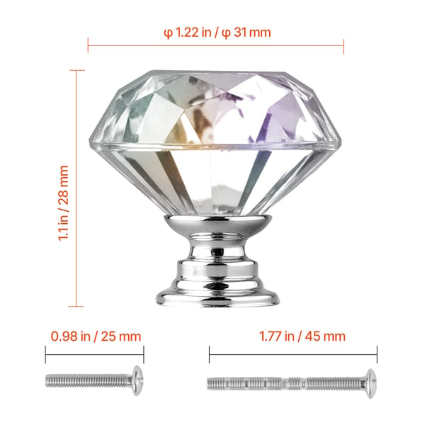 Skåpknoppar 12-pack 31x28 mm Transparent Silver Akryl Zinklegering