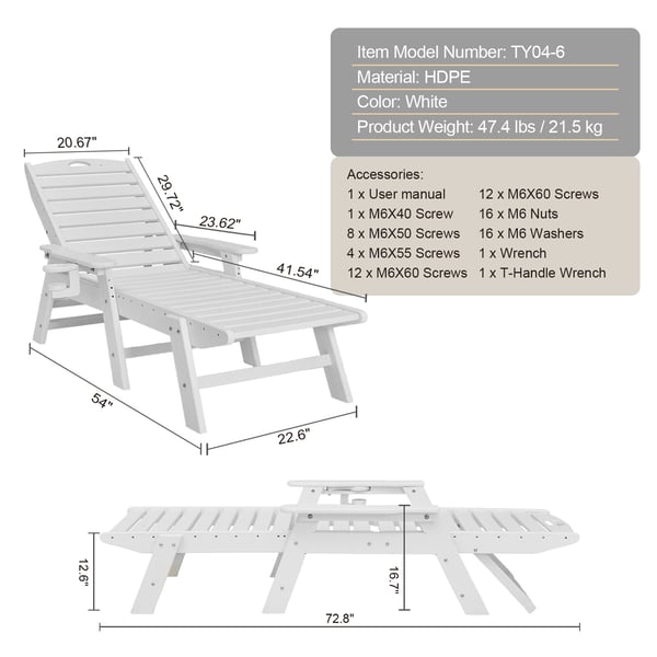 Solstol 183x72,5x93 cm Vit HDPE Justerbar Utomhus