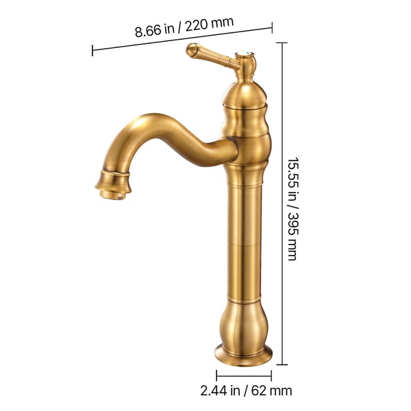 Vaskarmatur, enkeltgreb i massiv messing, 39,5x22x6,2 cm, guld