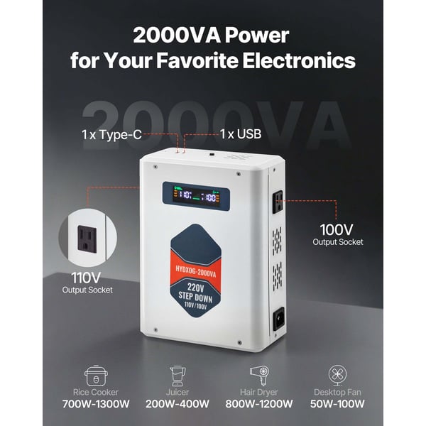 Jännitemuunnin, Step Down 2000VA 220V–110V, raskas käyttö, LCD-näyttö
