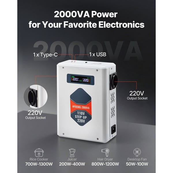 Jännitteenkorotin, 2000VA, 110V–220V, raskas käyttö, tehonmuunnin