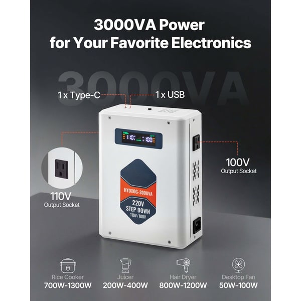 Muuntaja, jännitemuunnin, 3000VA, raskas käyttö, 220V–110V, askelalennusmuuntaja