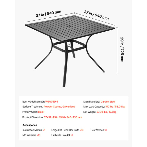 Udendørs spisebord, 94x94x73,5 cm, sort, metalstål