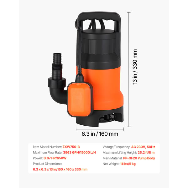 Upotettava pumppukaivo, 650W, 15000 l/h, 8 m max nostokorkeus, PP-GF20, vesipumppu