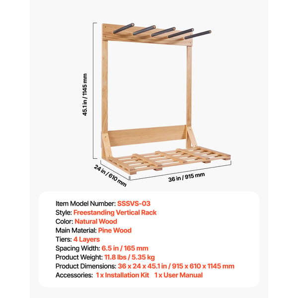 Surfbrädställ, 4-vånings vertikal ställning, 91,5x61x114,5 cm, naturträ, furu