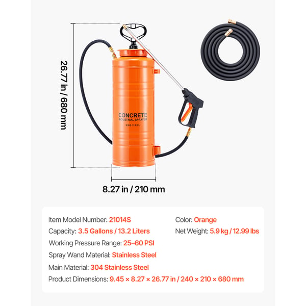 Betongspruta, 14L rostfritt stål, 24x21x68 cm, orange, extra robust