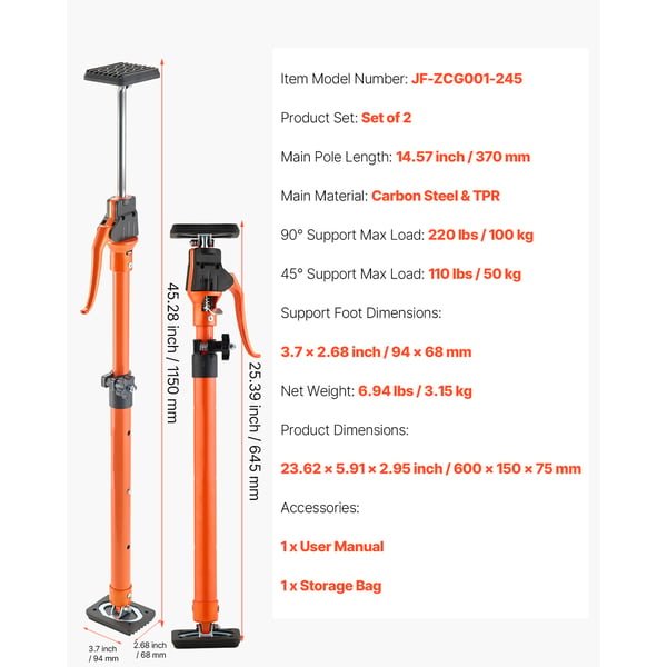 Støttestang, teleskopisk justerbar skabsløfter 2-pak, 64,5-115 cm, stål