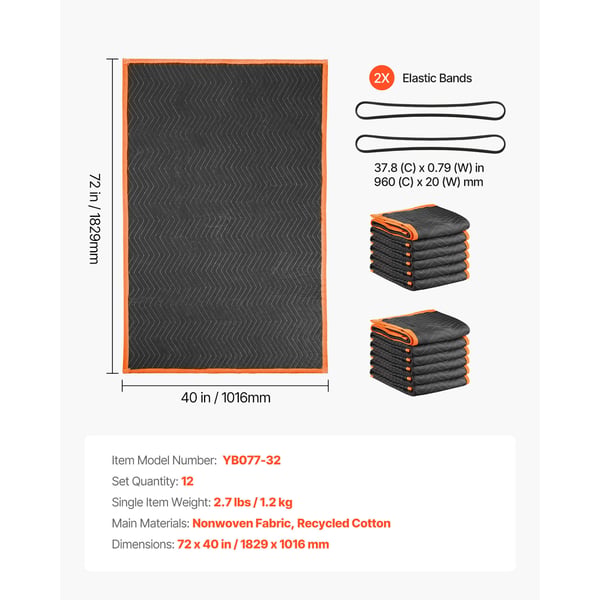 Flyttetæppe, 182,9x101,6 cm, Sort, Bomuldsfyld, Kraftig Nonwoven-stof