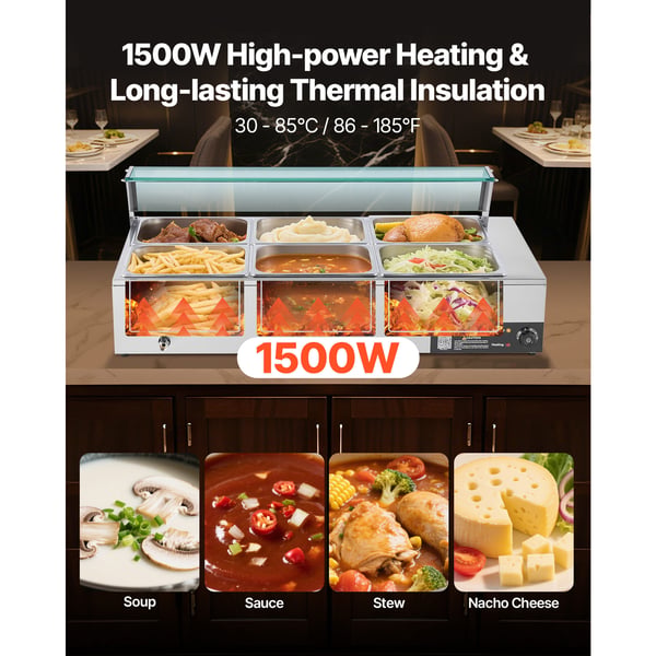 Ruokalämmitin, sähköinen ruostumattomasta teräksestä valmistettu höyrybuffet Bain Marie, 110x57x38,5 cm