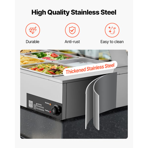 Ruokalämmitin, sähköinen ruostumattomasta teräksestä valmistettu höyrybuffet Bain Marie, 110x57x38,5 cm
