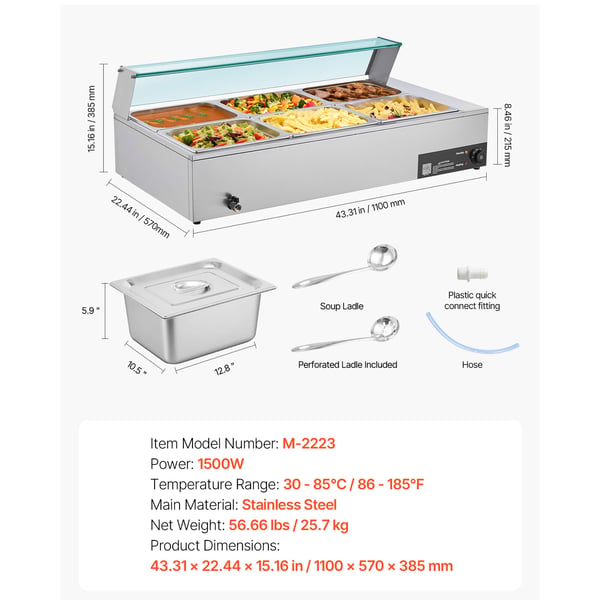 Ruokalämmitin, sähköinen ruostumattomasta teräksestä valmistettu höyrybuffet Bain Marie, 110x57x38,5 cm