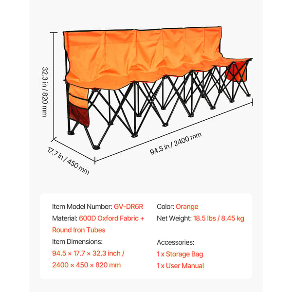 Taitettava penkki, 240x45x82 cm, oranssi, 6 istuttava kannettava istuin