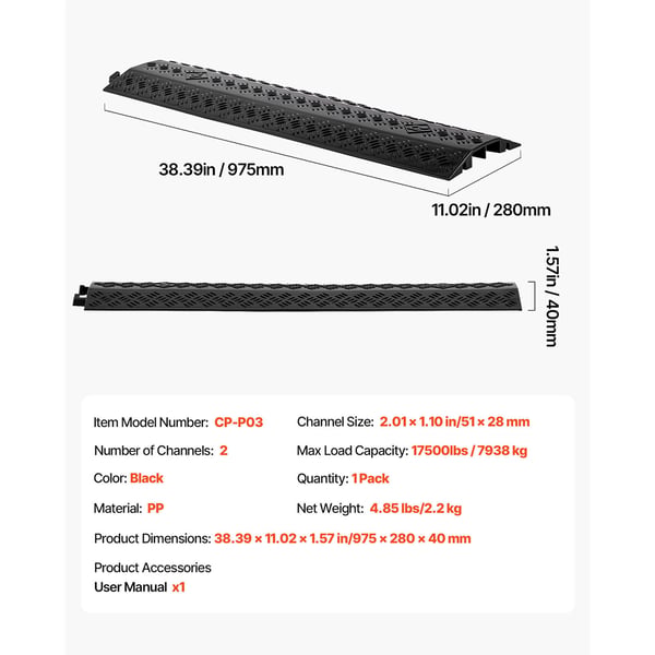 Kabelafdækning, Kraftig kabelbeskytter til gennemgang, 51x28 mm, Sort, PP-materiale