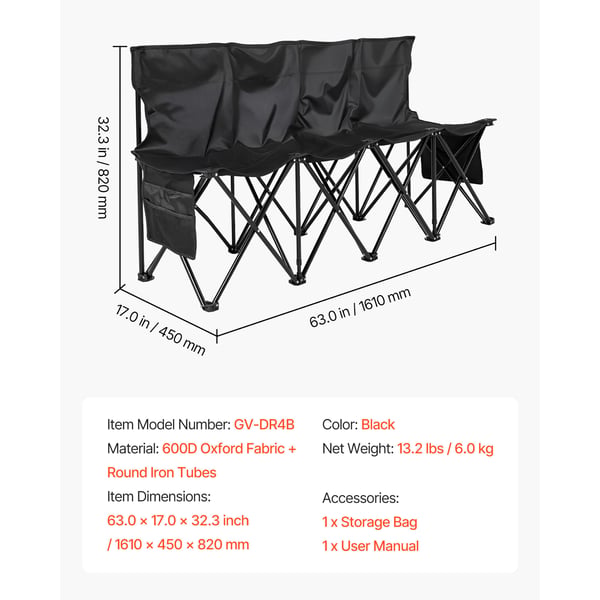 Fällbar bänk, 4-sits portabel med ryggstöd och sidofickor, 161x45x82 cm, svart