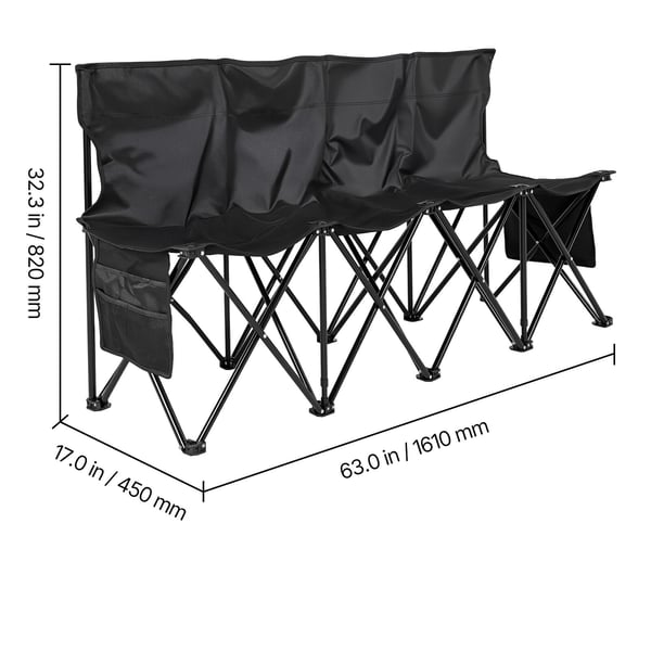 Fällbar bänk, 4-sits portabel med ryggstöd och sidofickor, 161x45x82 cm, svart