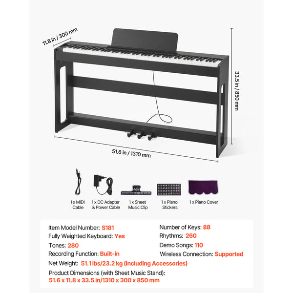 Digitalpiano, 88-tangenter fullt vägda, svart, elektriskt tangentbord