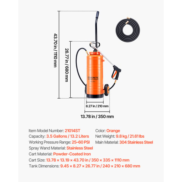 Betongspruta, 14L, 35x33.5x111 cm, Orange, Rostfritt stål