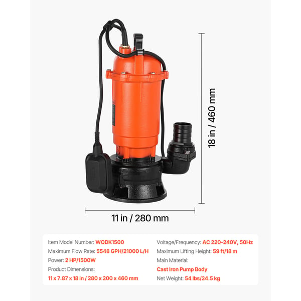 Upotettava roskavesipumppu, 1500W, 21000 L/H, 18 m, valurauta
