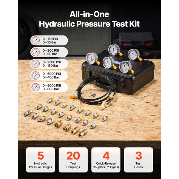 Hydraulisk tryktest-sæt, 5 manometre 20 koblinger 4 lynkoblinger 3 slanger, 1,6x3,2 m, hydraulisk manometersæt