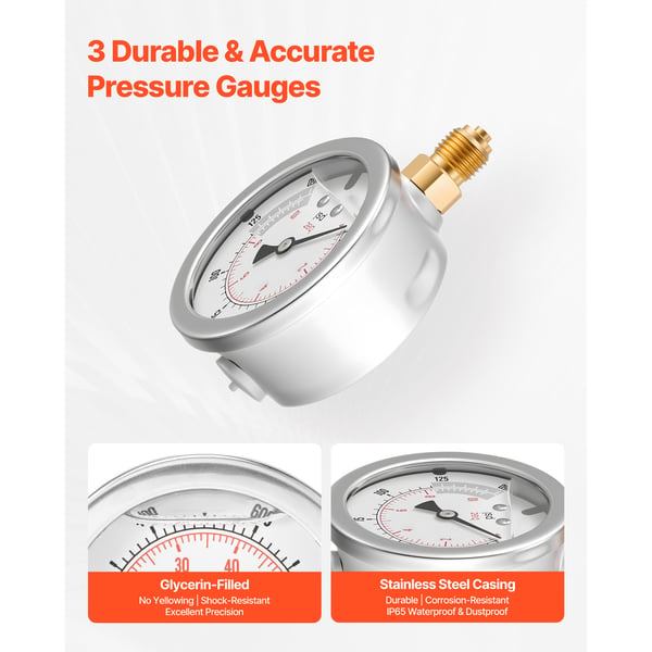 Hydraulisk tryktest-sæt, 5 manometre 20 koblinger 4 lynkoblinger 3 slanger, 1,6x3,2 m, hydraulisk manometersæt