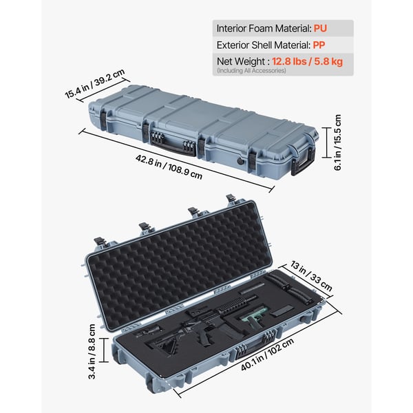 Vapenkoffert, Låsbart hårt fodral 108,9x39,2x15,5 cm, Grå, Vattentät förvaring