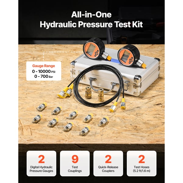 Hydraulinen paineentestaussarja, digitaalinen 700 bar mittari, 2 mittaria, 9 liitintä, ruostumaton teräs