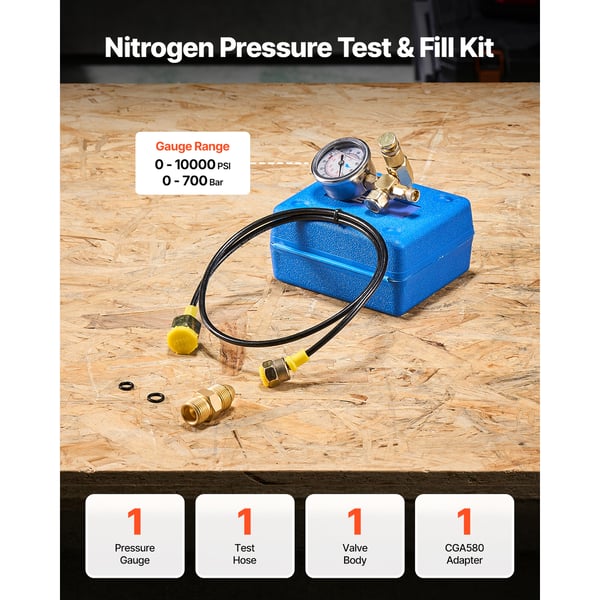 Hydraulisk nitrogenpåfyldningssæt, 0-100 bar trykprøvningssystem, metal