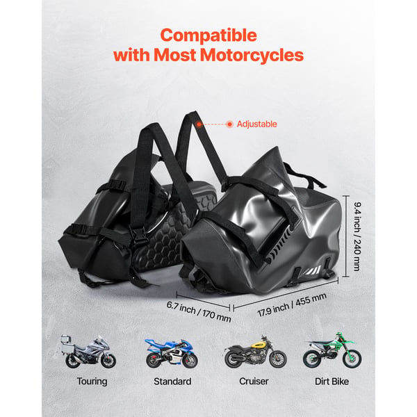 Motorcykel sidetasker, 45,5x17x24 cm, Sort, Vandtæt opbevaring