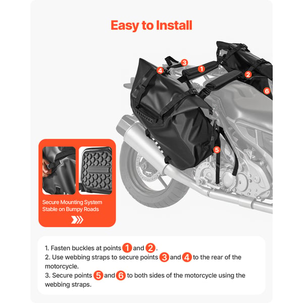 Motorcykel sidetasker, 45,5x17x24 cm, Sort, Vandtæt opbevaring