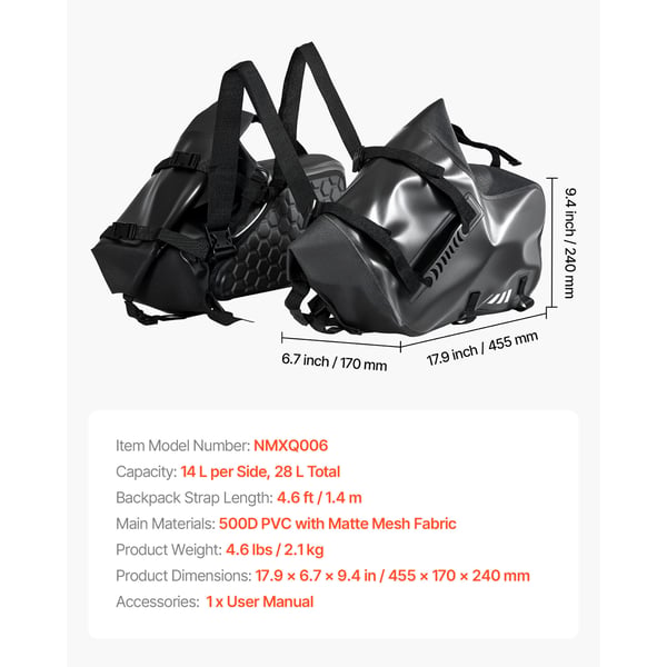 Motorcykel sidetasker, 45,5x17x24 cm, Sort, Vandtæt opbevaring