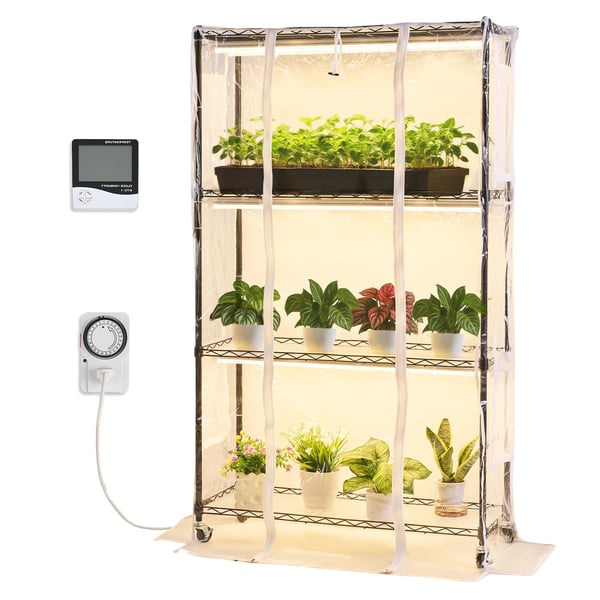 Indendørs drivhus, 4-etagers plantehylde med vækstlys, 90x35x150 cm, metal Indendørs drivhus, 4-etagers plantehylde med vækstlys, 90x35x150 cm, metal