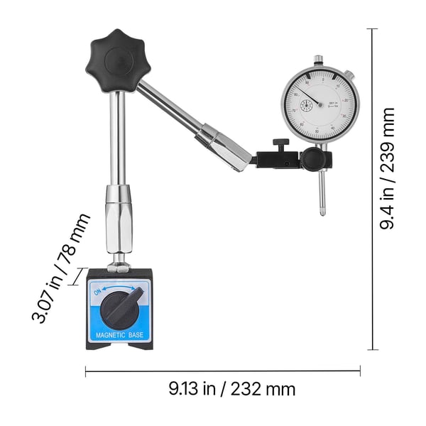 Mittakello, 0.03 mm tarkkuus, 0-25.4 mm mitta-alue, 60 mm kellotaulu, magneettialusta, säädettävä varsi, metalli