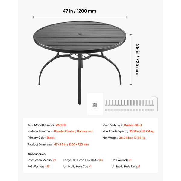 Udendørs spisebord, 120x72,5 cm, sort, metalstål