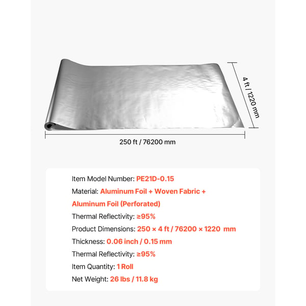 Reflekterende isoleringsrulle, 76,2x1,22 m, dobbeltsidet aluminium, termisk isolering