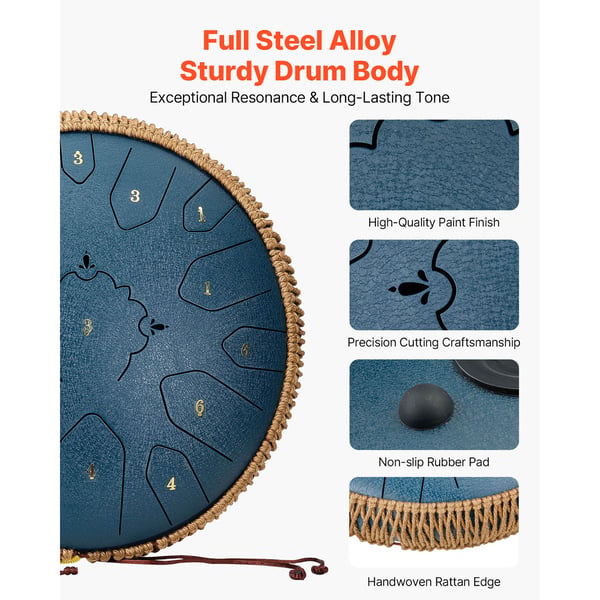 Steel Tongue Drum, 33x33x13 cm, Blå, Stål