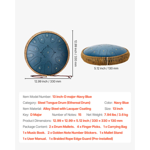 Steel Tongue Drum, 33x33x13 cm, Blå, Stål