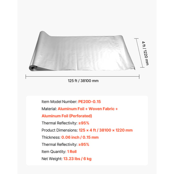 Termisk isoleringsrulle, dobbelt reflekterende perforeret vævet stof, 38,1x1,22 m, sølv, aluminiumfolie