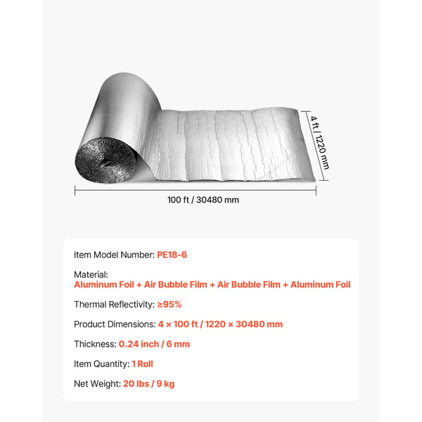 Termisk isoleringsrulle, 30,48x1,22 m, Sølv, Aluminiumfolie