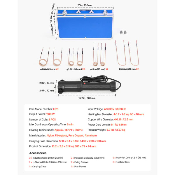 Induktionsvärmare Kit, 385x72x74 mm, 1100W, Handhållet verktyg, Metall