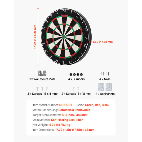 Dartskive, 45x3,8 cm, Sisalfiber