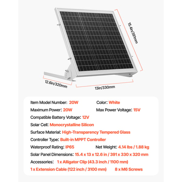 Aurinkopaneelin akkulaturi, 20W 12V MPPT, 39.1x33x32 cm, valkoinen, vedenpitävä