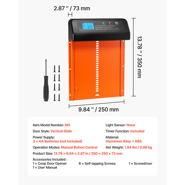 Automatisk hønselem, 35x25x7,3 cm, orange, aluminiumlegering