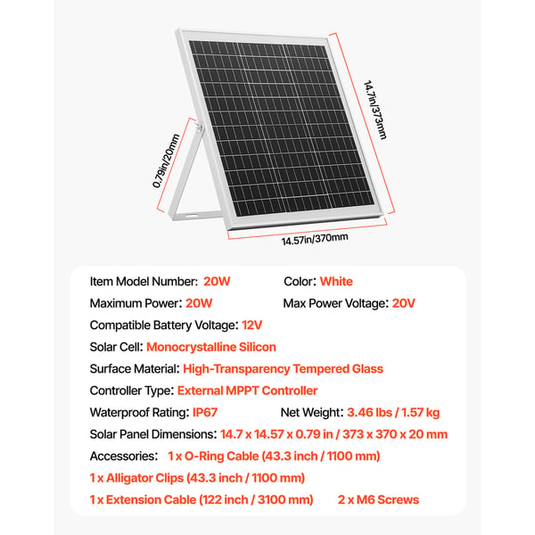 Solpanel batterioplader, 373x370x20 mm, 20W 12V, vandtæt