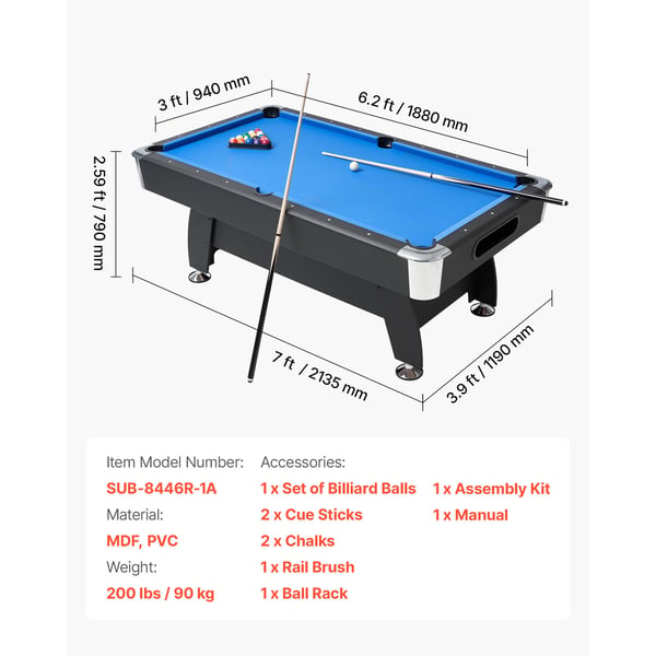 Poolbord 213 cm Blå, justerbar, MDF