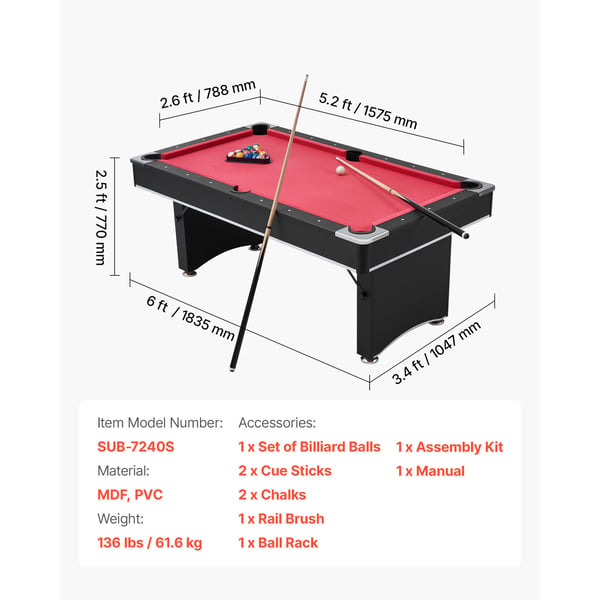 Poolbord 183 cm Rød, justerbar, MDF