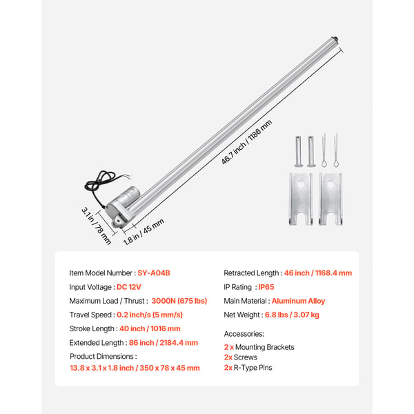 Lineaarinen toimilaite 1016x78x45 mm IP65 vedenpitävä 3000N alumiini
